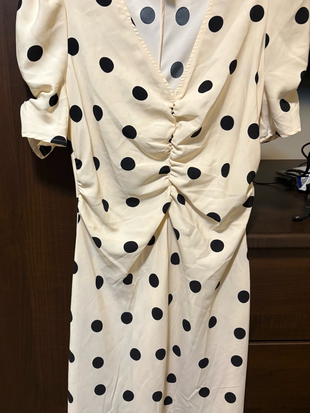 a new day Cream and Black Polka Dot Midi Dress with Front Ruching